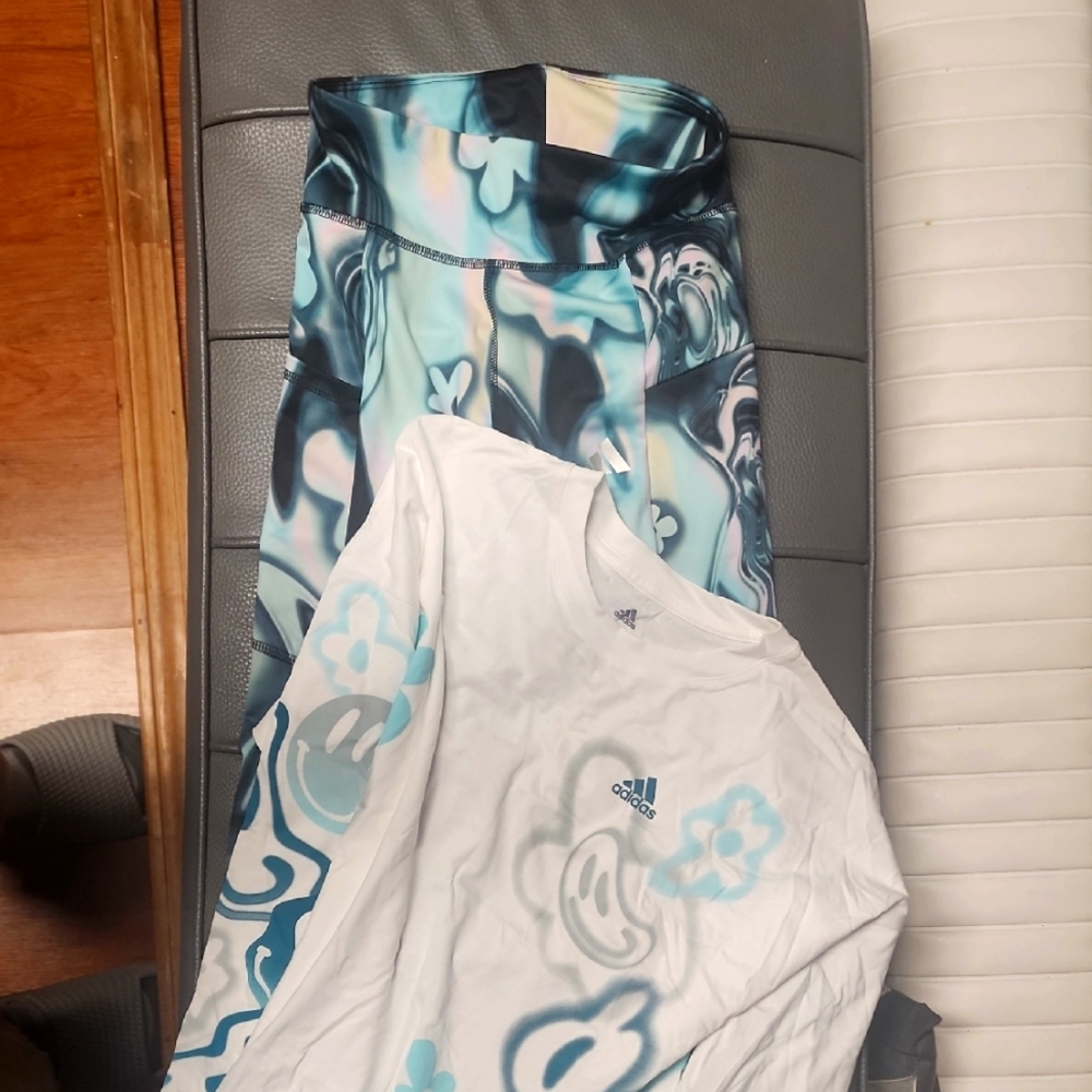 Adidas White and Blue Graphic Long Sleeve Tee Plus Leggings
